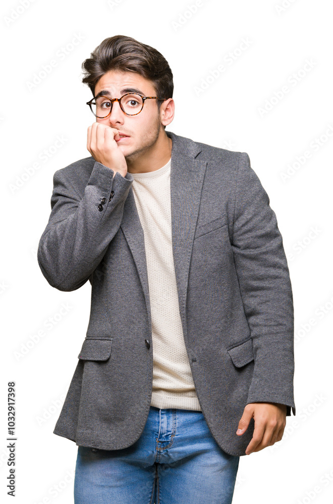 Young business man wearing glasses over isolated background looking stressed and nervous with hands on mouth biting nails. Anxiety problem. Young business man wearing glasses over isolated background looking stressed and nervous with hands on mouth biting nails. Anxiety problem.