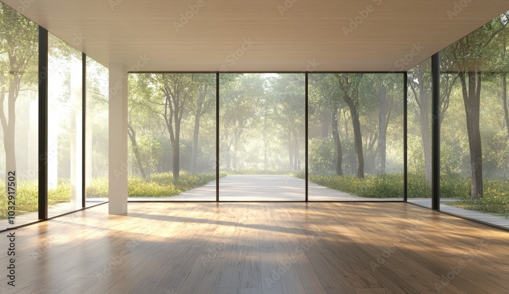 Obraz premium A large open room with a view of trees