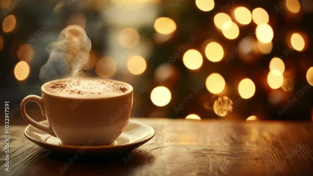 Video of a steaming cup of cappuccino on the table, a background with blurred Christmas lights. A cozy winter scene in a tastefully decorated cafe interior. Video of a steaming cup of cappuccino on the table, a background with blurred Christmas lights. A cozy winter scene in a tastefully decorated cafe interior.