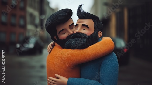 handsome man hugging and kissing another man on the street