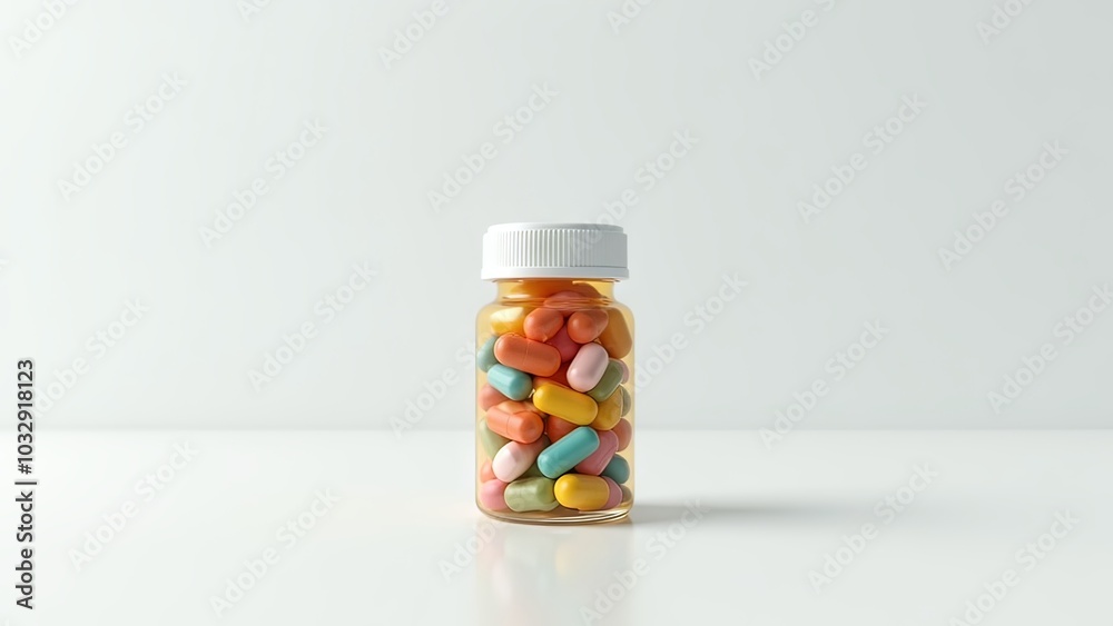 Generative, AI, Clear bottle filled with colorful capsules on a white background, minimalistic and clean pharmaceutical presentation.


