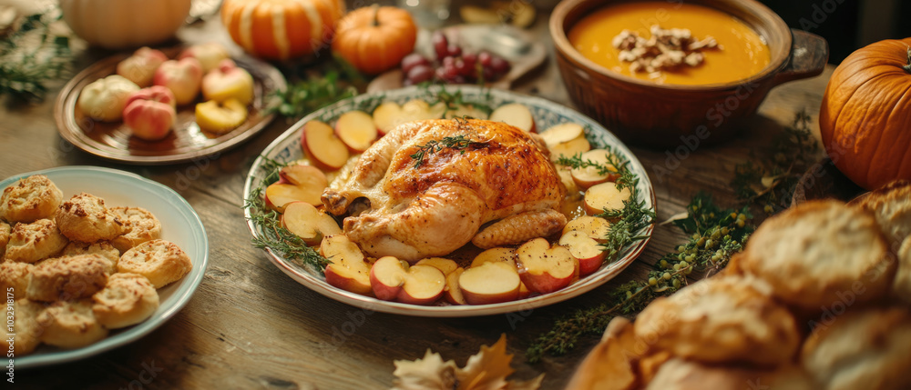 A table with a variety of food, including a roasted chicken and apples. The table is set for a Thanksgiving dinner A table with a variety of food, including a roasted chicken and apples. The table is set for a Thanksgiving dinner
