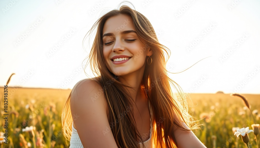 digital detox Woman meditates smilling enjoying nature digital detox Woman meditates smilling enjoying nature