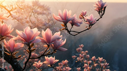 Wallpaper Mural Pink magnolia blossoms bloom in the early morning light, creating a beautiful scene against a hazy backdrop Torontodigital.ca