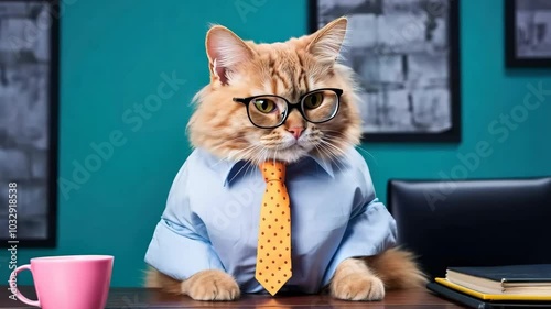 Funny cat in business costume with tie and glasses at office desk. Humorous meme concept. Boss's Day, Workaholic Day