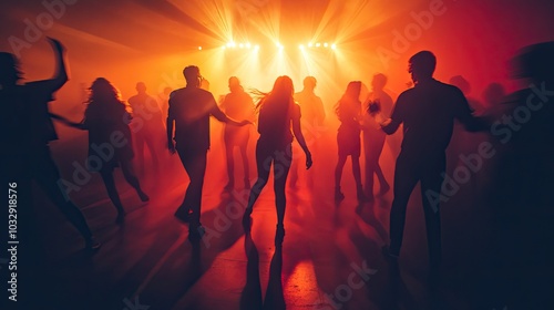 Silhouettes of people dance in a nightclub. Perfect for illustrating the energy and excitement of a party.