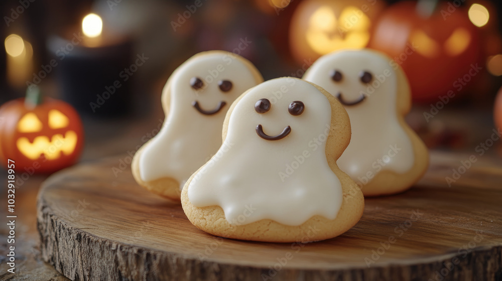 Three ghost cookies with white icing on a wooden table. The cookies are smiling and surrounded by Halloween decorations Three ghost cookies with white icing on a wooden table. The cookies are smiling and surrounded by Halloween decorations