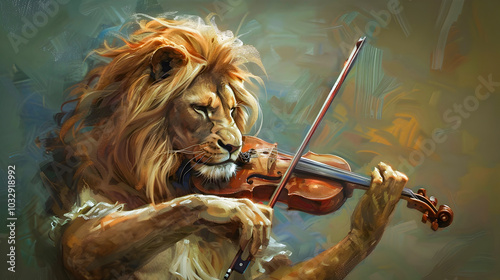 A majestic and powerful lion playing the violin gracefully creating a captivating and enchanting classical music performance  This digital showcases the lion s musical talent and virtuosity