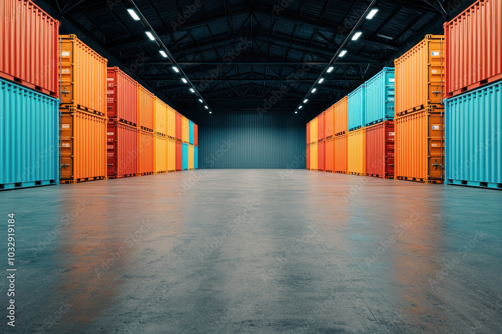 Fototapeta premium Modern warehouse interior with colorful stacked shipping containers creating vibrant and organized space. bright colors enhance industrial atmosphere, showcasing efficient storage solutions.