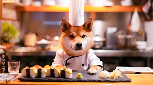 Cute and humorous of a Shiba Inu dog wearing a chef s uniform and apron working at a traditional Japanese sushi restaurant preparing and serving delicious sushi dishes on a wooden table