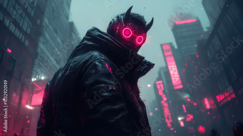 Vibrant neon devil in a cyberpunk style, showcasing intricate glowing patterns and pulsating lights, all set against a dazzling neon cityscape.