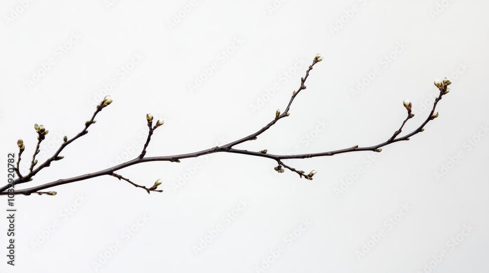 Branch with budding flowers on white background, natural minimalism concept Branch with budding flowers on white background, natural minimalism concept
