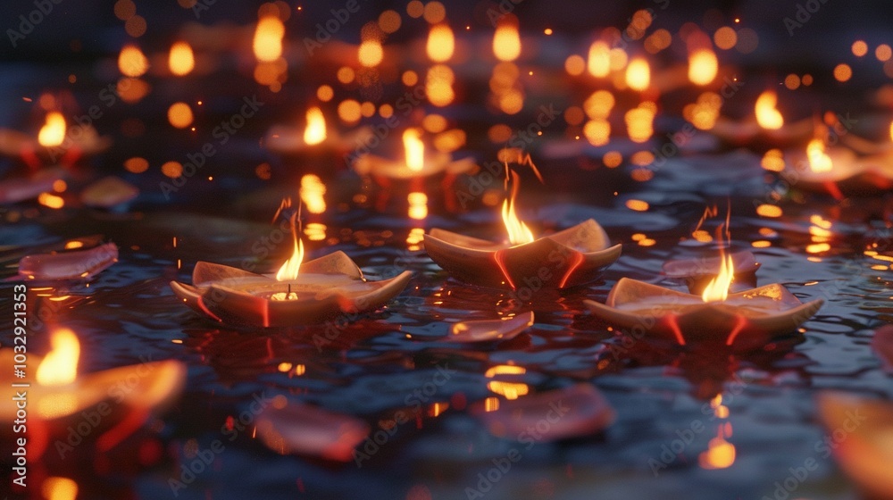 Floating Candle Lanterns in Water with Warm Glowing Flames Floating Candle Lanterns in Water with Warm Glowing Flames