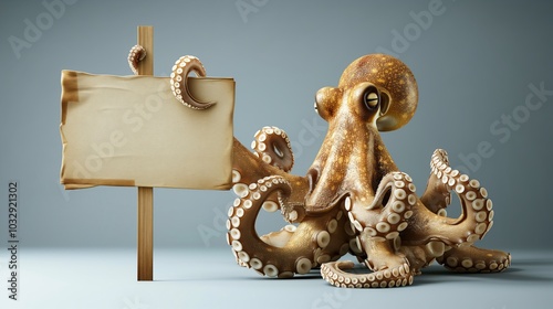 An octopus holding a blank wooden sign against a plain background, showcasing its distinctive tentacles
