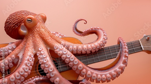 An octopus skillfully playing a guitar against a soft pink background, showcasing creativity and musical talent in a whimsical manner photo