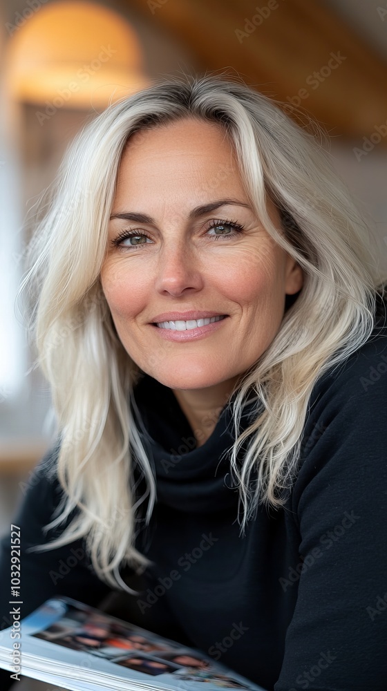 Fototapeta premium A blonde woman in her 40s smiles warmly while looking at the camera.