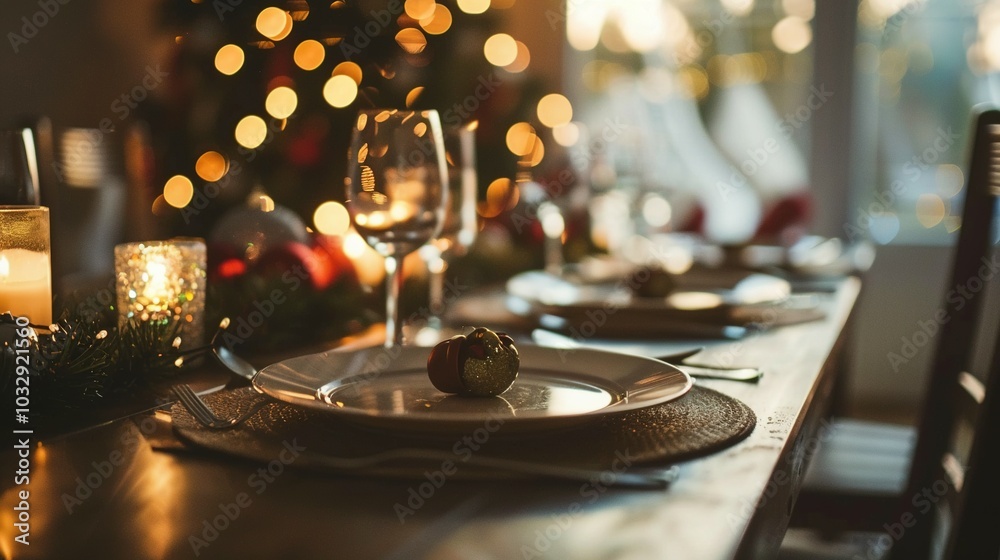 Festive Christmas Table Setting with a Single Ornament and Candles