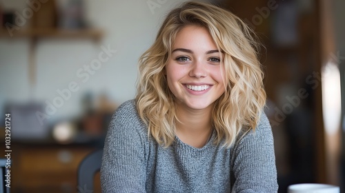 A young woman with blonde hair smiles warmly at the camera.