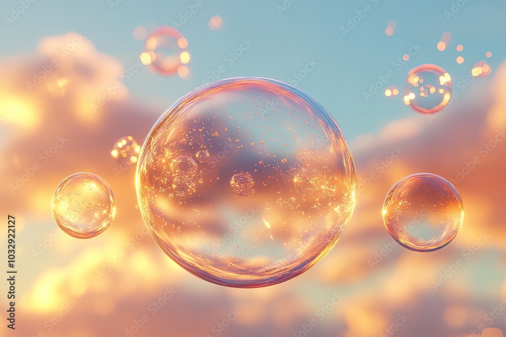 Spherical bubbles in sunset sky. Perfect for illustrating dreams, fantasy, or innocence. Spherical bubbles in sunset sky. Perfect for illustrating dreams, fantasy, or innocence.