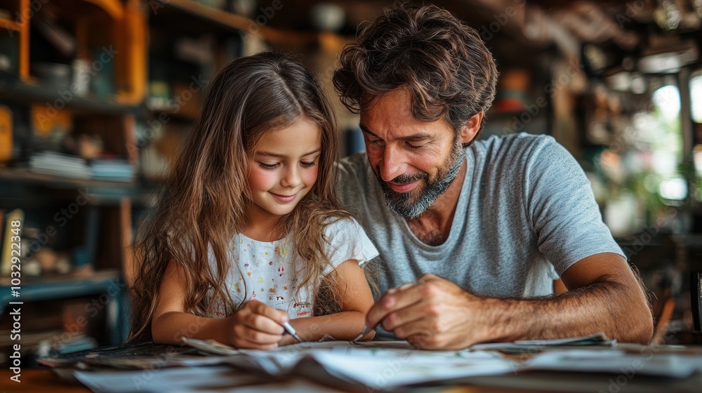 A father and his young daughter sit at a table, engrossed in a drawing activity. The father has a gentle smile on his face as he helps his daughter with her drawing. A father and his young daughter sit at a table, engrossed in a drawing activity. The father has a gentle smile on his face as he helps his daughter with her drawing.