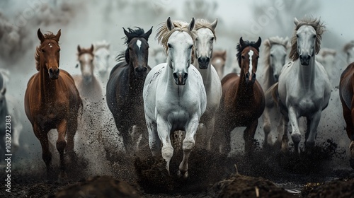 A herd of galloping horses kicking up dust during a foggy morning in the countryside