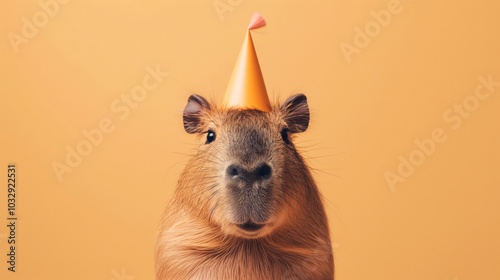A capybara wearing a festive party hat against a bright orange backdrop celebrates a birthday with cheerful vibes