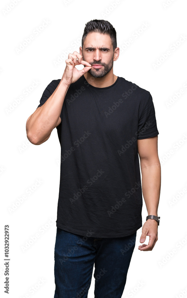 Young handsome man over isolated background mouth and lips shut as zip with fingers. Secret and silent, taboo talking Young handsome man over isolated background mouth and lips shut as zip with fingers. Secret and silent, taboo talking