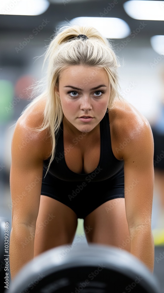 Young woman with blonde hair bends over a barbell in a gym, ready to lift weights.