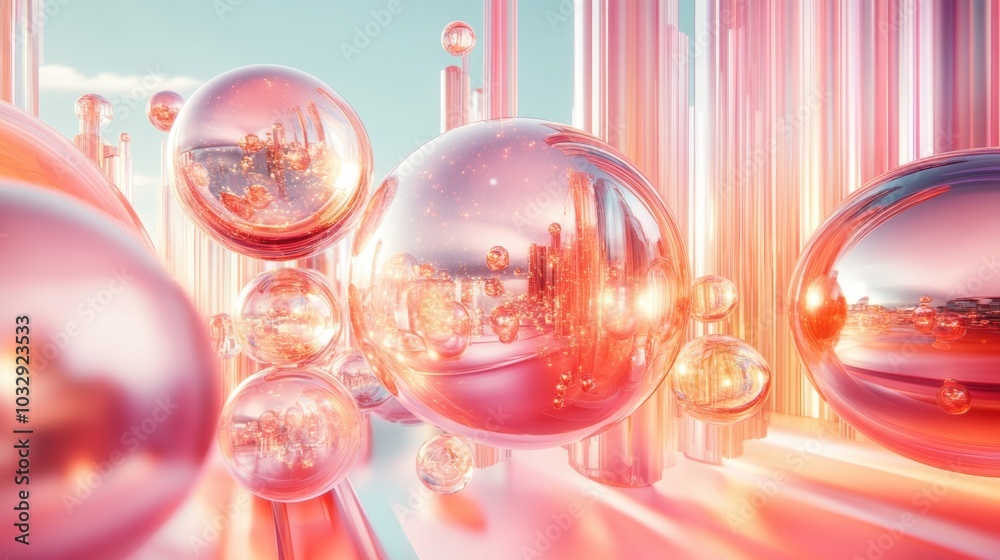A surreal abstract scene featuring reflective glass spheres floating in a pink-hued futuristic cityscape, blending light and urban reflections.
A surreal abstract scene featuring reflective glass spheres floating in a pink-hued futuristic cityscape, blending light and urban reflections.