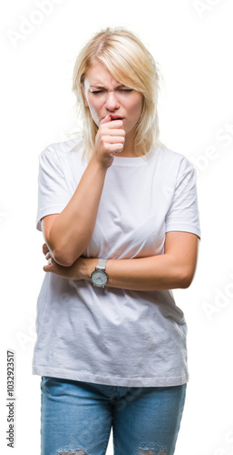 Young beautiful blonde woman wearing white t-shirt over isolated background feeling unwell and coughing as symptom for cold or bronchitis. Healthcare concept.