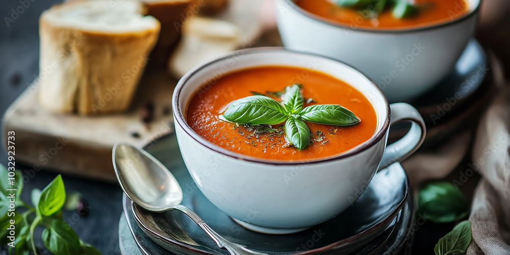 Fresh tomato soup with basil and pepper served in bowls Fresh tomato soup with basil and pepper served in bowls