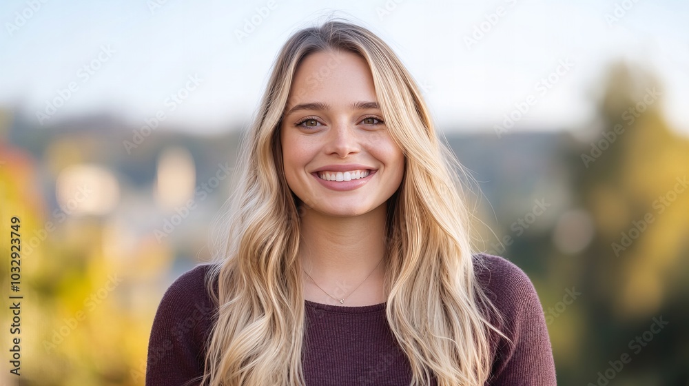 Young woman with blonde hair smiles brightly against a blurred background. Young woman with blonde hair smiles brightly against a blurred background.