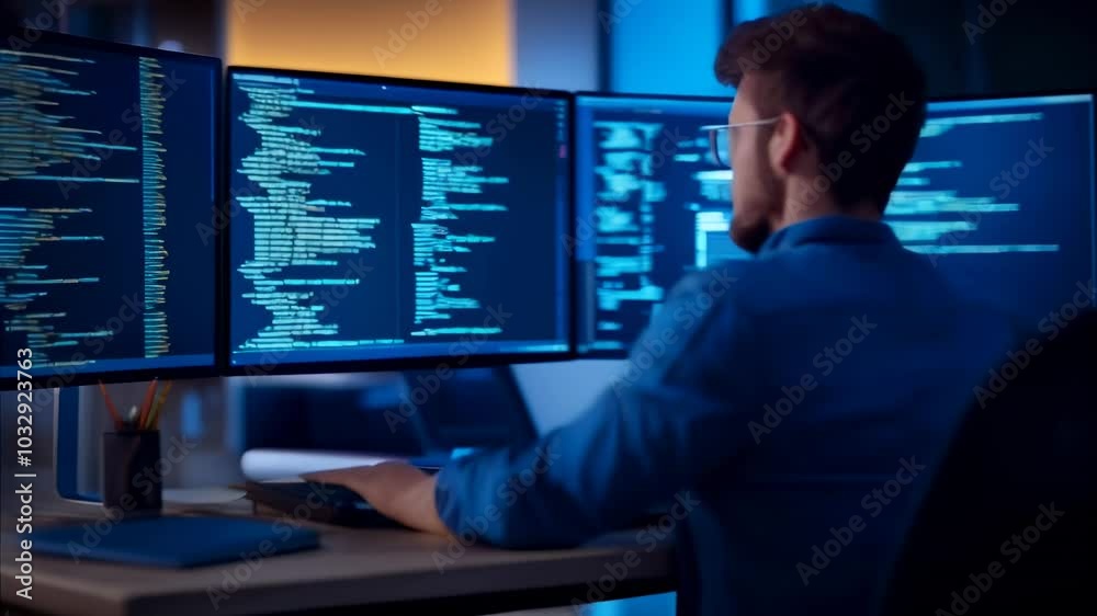 Software developer working late at night, coding on multiple monitors in a dark office space, reflecting hard work and passion in the fast paced tech world