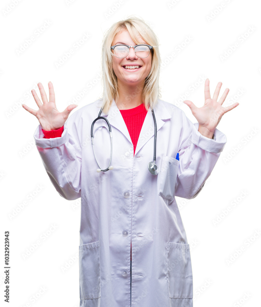 Young beautiful blonde doctor woman wearing medical uniform over isolated background showing and pointing up with fingers number ten while smiling confident and happy. Young beautiful blonde doctor woman wearing medical uniform over isolated background showing and pointing up with fingers number ten while smiling confident and happy.