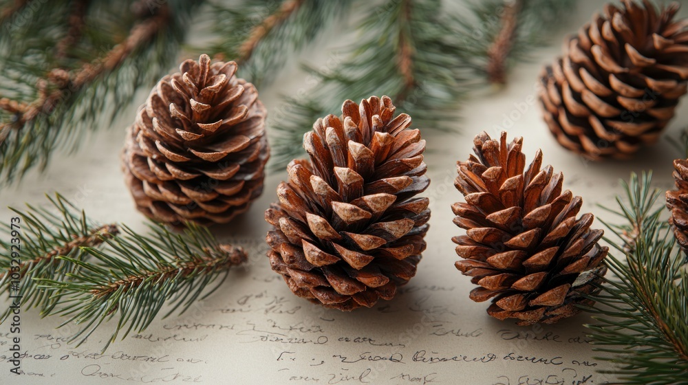 Three pine cones and fir branches on a vintage paper background. Three pine cones and fir branches on a vintage paper background.