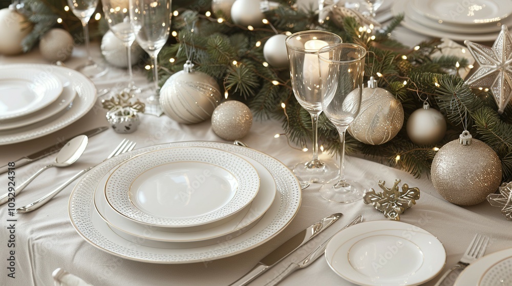 Elegant Christmas Table Setting with Silver Ornaments and Lights Elegant Christmas Table Setting with Silver Ornaments and Lights