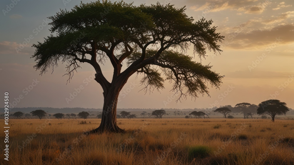 A solitary tree stands tall in a field of tall grass at sunrise, with a hazy, orange sky in the background. A solitary tree stands tall in a field of tall grass at sunrise, with a hazy, orange sky in the background.