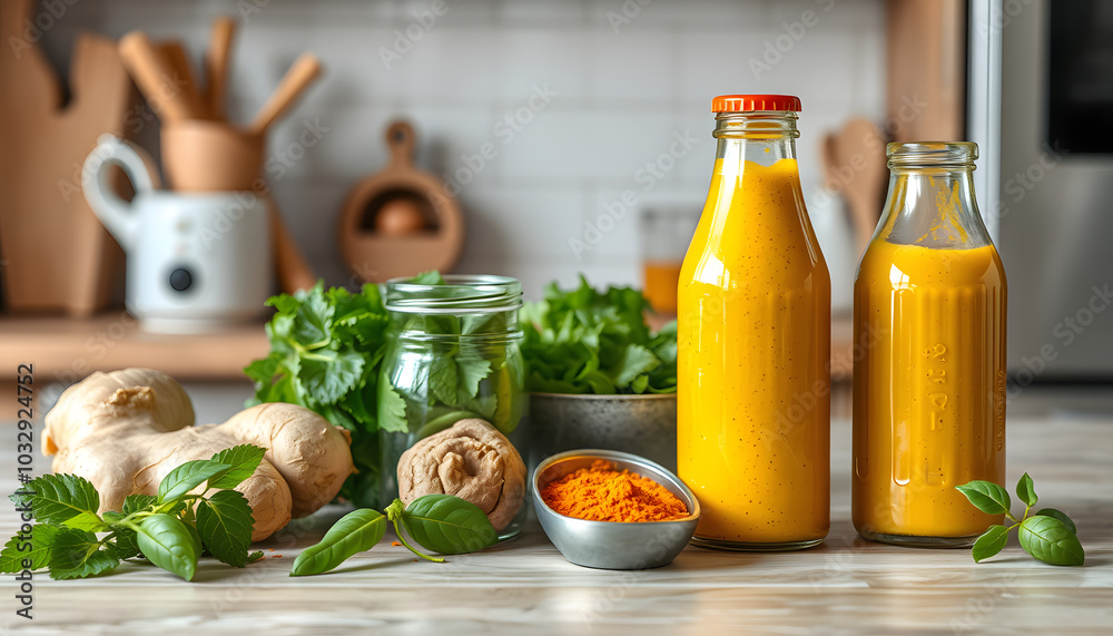 Fresh raw ingredients for detox ginger and curcumin smoothies and already blended mix in a bottles for individual consumption are on the kitchen table surface isolated with white highlights, png Fresh raw ingredients for detox ginger and curcumin smoothies and already blended mix in a bottles for individual consumption are on the kitchen table surface isolated with white highlights, png