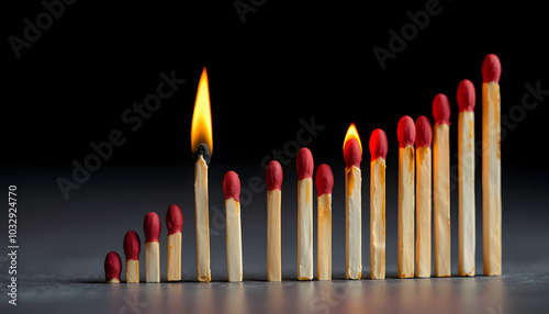 Matches. The effect of burning on matches looks like a declining graph. ging, destruction or exhaustion of a resource. concept of life, from youth to old age. bad habits concept. Health oncept isola photo