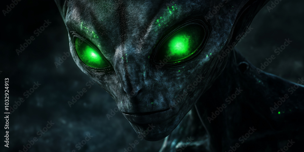 Extraterrestrial being staring with bright green eyes in space Extraterrestrial being staring with bright green eyes in space