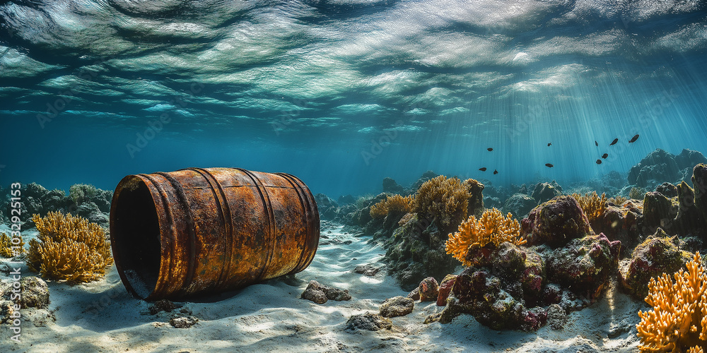 Fototapeta premium Rusty barrel lying on seabed with tropical fish swimming nearby