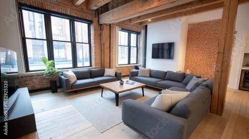 Modern living room with cozy seating and natural light.