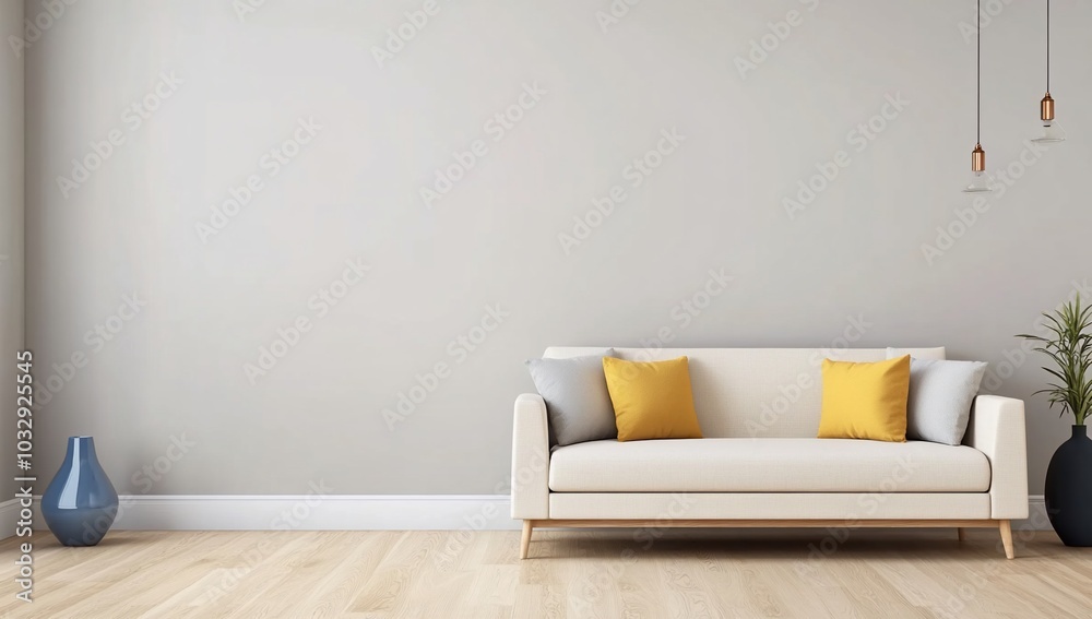 A minimalist living room with a sofa, cushions, and decorative elements. A minimalist living room with a sofa, cushions, and decorative elements.