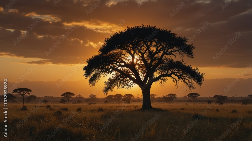 Obraz premium A single tree stands silhouetted against a vibrant sunset, with a hazy savanna and a dramatic sky in the background.