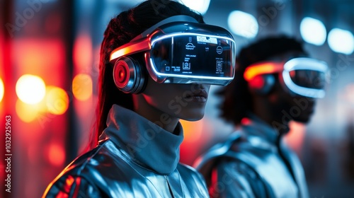 People wearing futuristic augmented reality headsets with digital interface displays. Sci-fi concept of virtual technology and immersive experience. photo