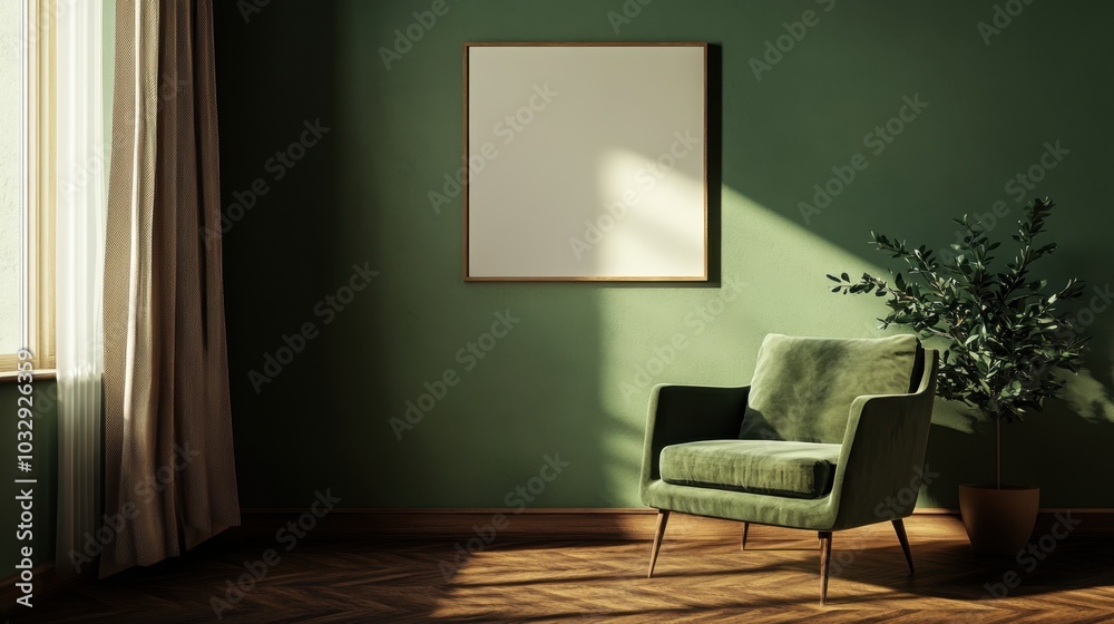 A green chair is sitting in front of a white framed picture A green chair is sitting in front of a white framed picture