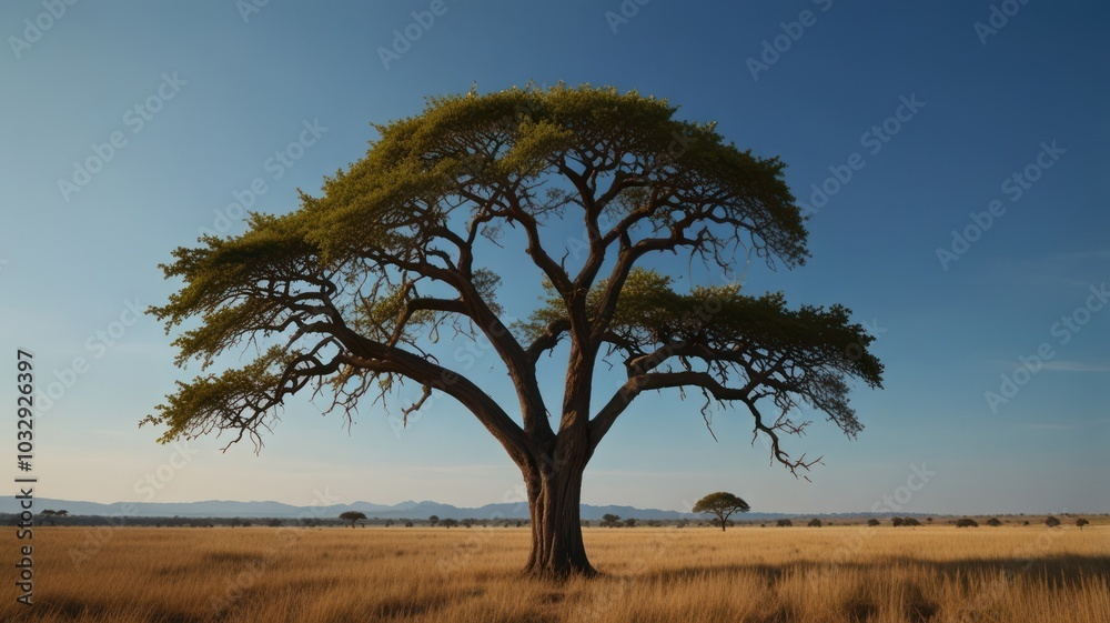 A lone, majestic tree stands tall in a vast, golden savanna landscape under a clear blue sky. A lone, majestic tree stands tall in a vast, golden savanna landscape under a clear blue sky.