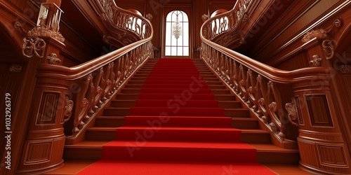 Luxurious wooden staircase with red carpet leading to window photo