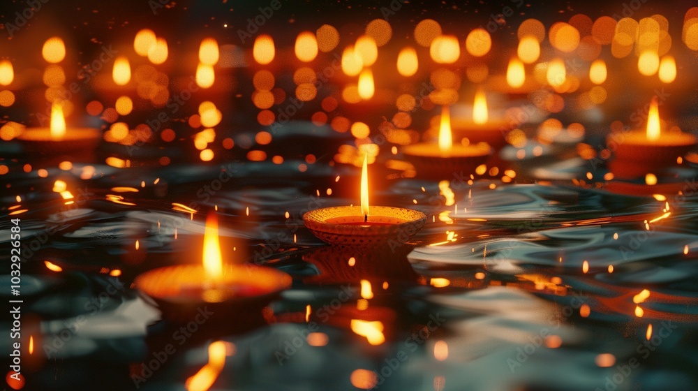 Floating Candles in Water with Bokeh Lights Floating Candles in Water with Bokeh Lights