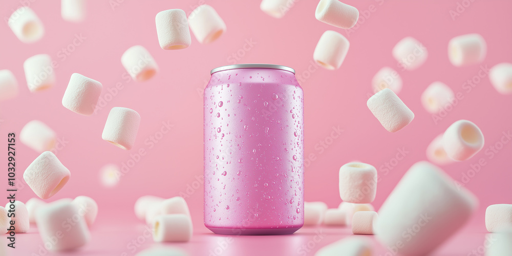 Pink soda can surrounded by falling marshmallows on pink background Pink soda can surrounded by falling marshmallows on pink background